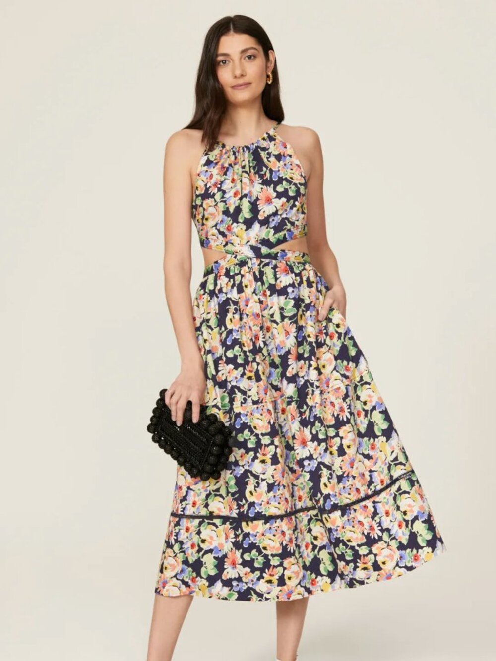 Something Navy Floral Cutout Midi Dress Navy Rose Print Cotton